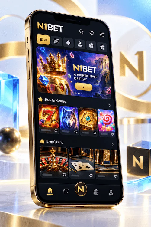 N1Bet Casino App auf dem Smartphone mit Slots, Live Casino und mobiler Navigation.