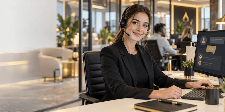 N1Bet Kundenservice mit Support-Mitarbeiterin und digitalem Hilfe-Center.