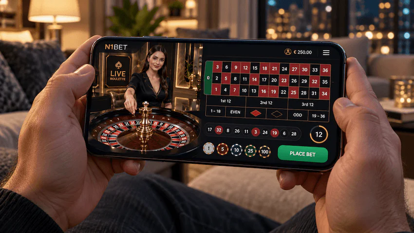 N1Bet Live Roulette auf dem Smartphone mit Dealer, Roulette-Tisch und mobiler Spieloberfläche.