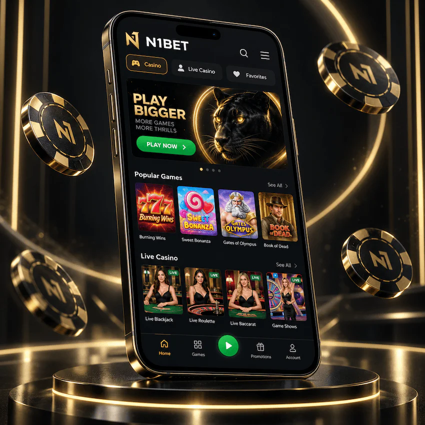 N1Bet Mobile Casino mit Slots, Live Casino und optimierter Spielauswahl auf dem Smartphone.