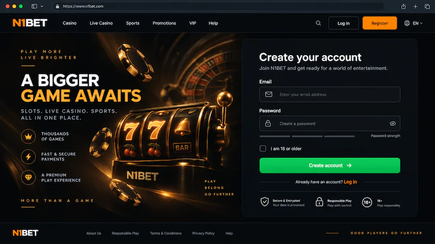 N1Bet Registrierung in Österreich mit übersichtlichem Formular zur Erstellung eines neuen Spielkontos.
